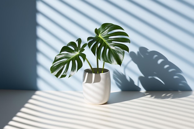 Generative ai Minimal summer or spring still life with green Monstera leaf and vase on pink table