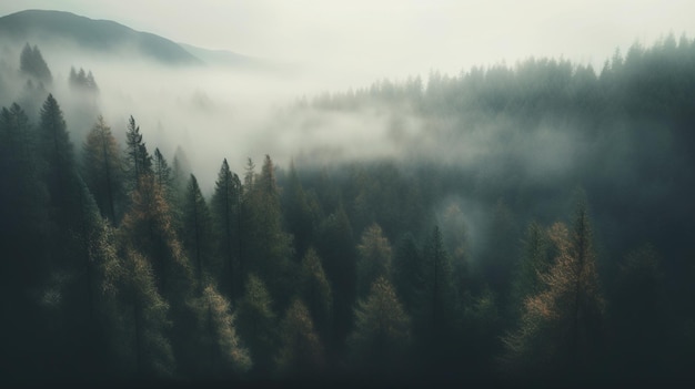 Generative AI Misty fir forest beautiful landscape in hipster vintage retro style foggy mountains