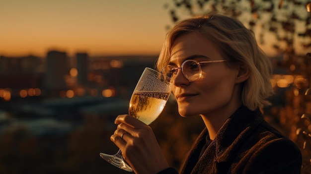 Generative AI model of a smiling woman sipping wine from a glass with bubbles as the sun sets in the distance