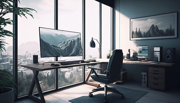 Generative AI modern computer office interior with a lovely view