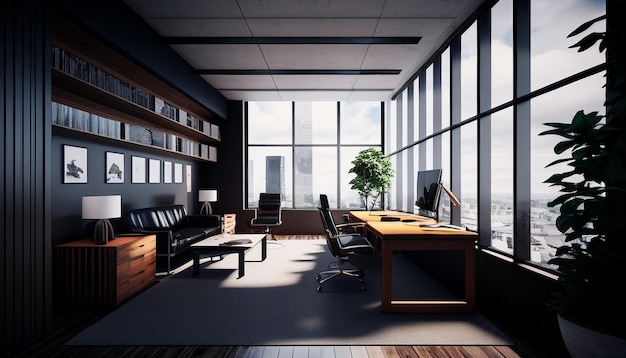 Generative AI modern computer office interior with a lovely view