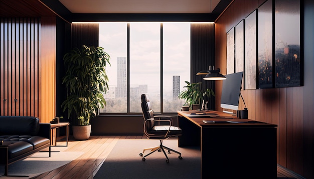 Generative AI modern computer office interior with a lovely view