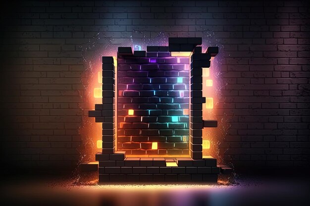 Photo generative ai modern futuristic blank brick wall background with neon lights old grunge brick wall room background colorful copy space concept