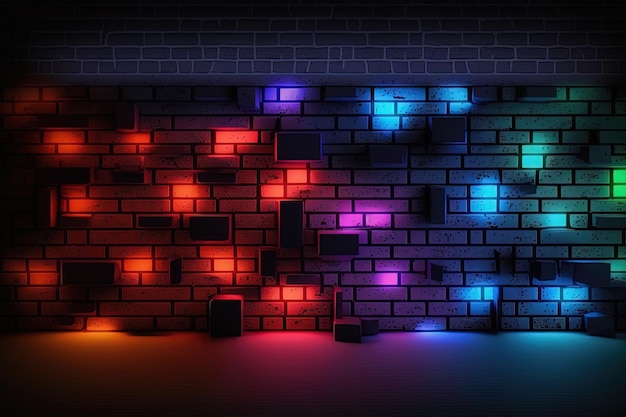 Generative AI Modern futuristic blank brick wall background with neon lights old grunge brick wall room background Colorful copy space concept