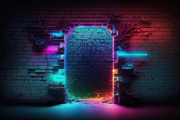 Generative AI Modern futuristic blank brick wall background with neon lights old grunge brick wall room background Colorful copy space concept