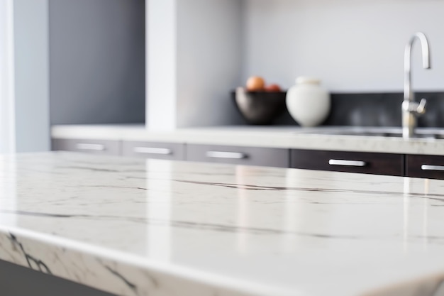 Generative AI A modern marble kitchen countertop with decor and a copy space to mount your product