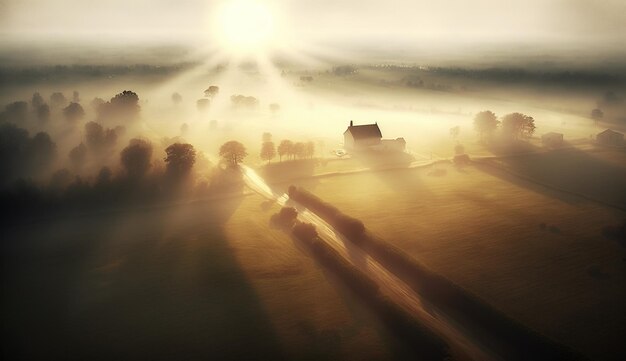 Generative AI Morning farm landscape with sun agricultural fields in fog beautiful countryside