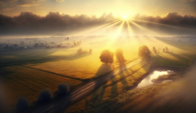 Generative AI Morning farm landscape with sun agricultural fields in fog beautiful countryside