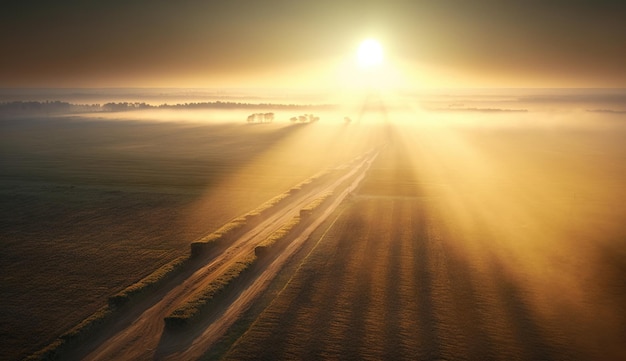 Generative AI Morning farm landscape with sun agricultural fields in fog beautiful countryside