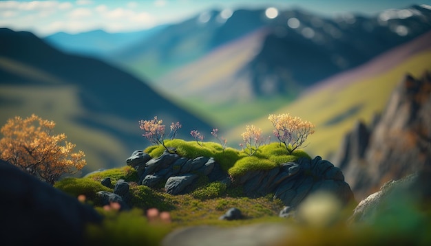 Generative AI Mountains spring green landscape houses trees road beautiful countryside