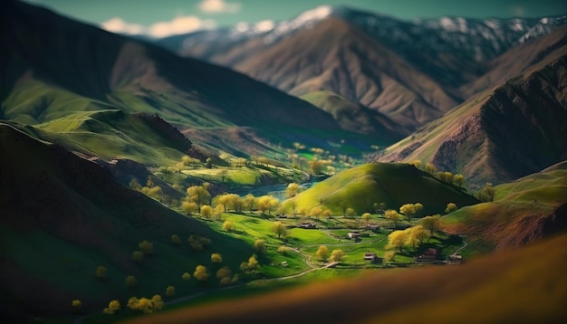 Generative AI Mountains spring green landscape houses trees road beautiful countryside