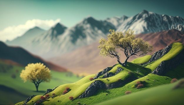 Generative AI Mountains spring green landscape houses trees road beautiful countryside