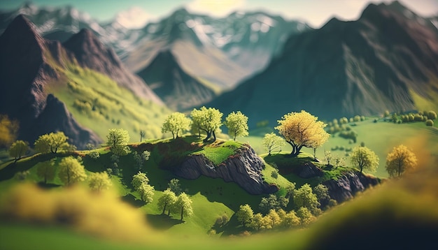 Generative AI Mountains spring green landscape houses trees road beautiful countryside