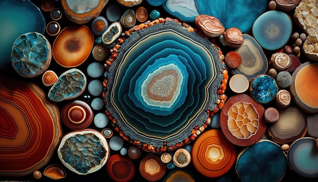 Generative AI natural volcanic agate stones closeup turquoise brown and orange texture Wallpaper