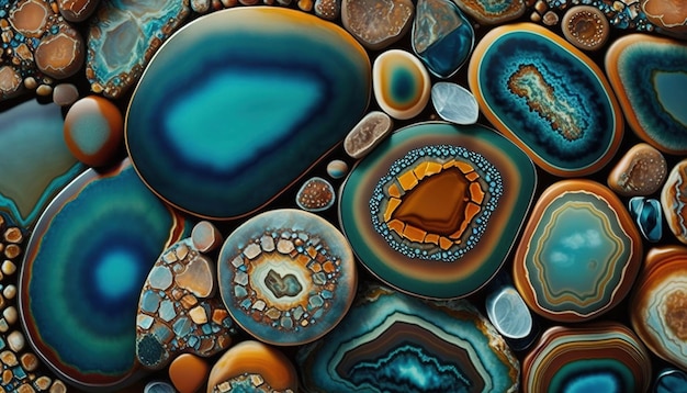 Generative AI natural volcanic agate stones closeup turquoise brown and orange texture