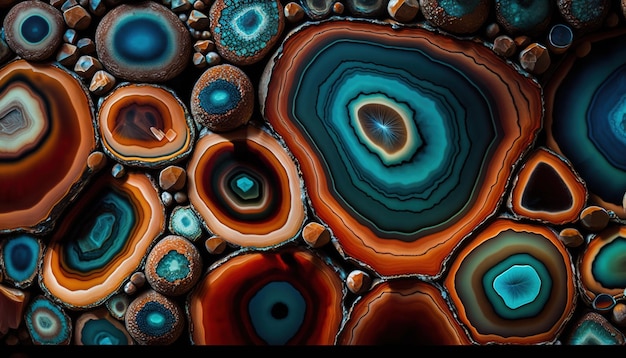 Generative AI natural volcanic agate stones closeup turquoise brown and orange texture