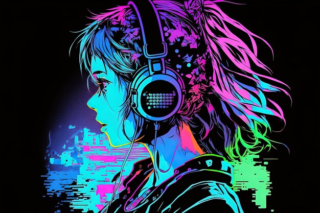 Generative AI an neon gamer anime fashion girl or woman wearing headphones lost in her music abstract background that evokes the feeling of different genres of music banner music concept