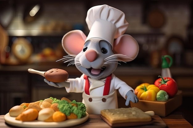 Generative AI Nice and adorable chef mouse cooking in a kitchen