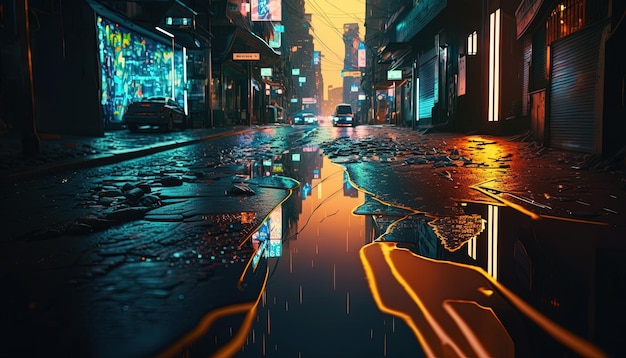 Generative AI Night scene of after rain city in cyberpunk style futuristic nostalgic 80s 90s