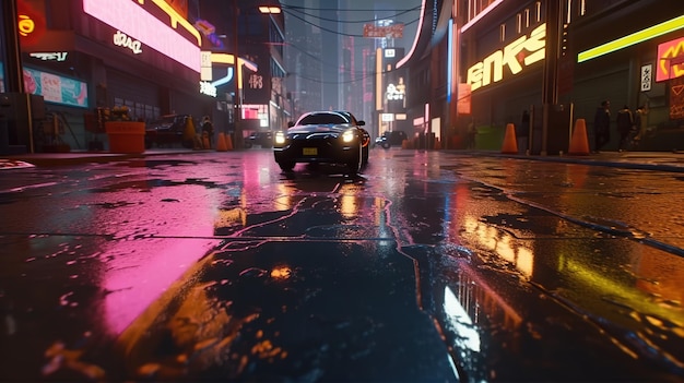 Generative AI Night scene of after rain city in cyberpunk style futuristic nostalgic 80s 90s