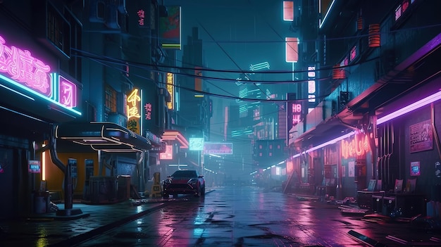 Generative AI Night scene of after rain city in cyberpunk style futuristic nostalgic 80s 90s