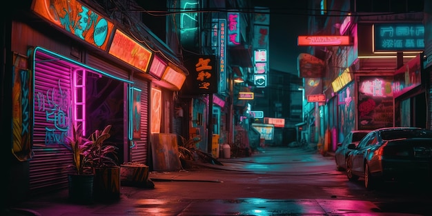 Generative AI Night scene of after rain city in cyberpunk style futuristic nostalgic 80s 90s