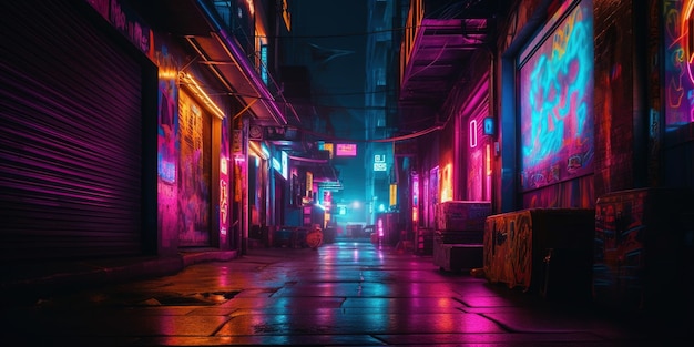 Generative AI Night scene of after rain city in cyberpunk style futuristic nostalgic 80s 90s