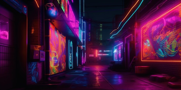 Generative AI Night scene of after rain city in cyberpunk style futuristic nostalgic