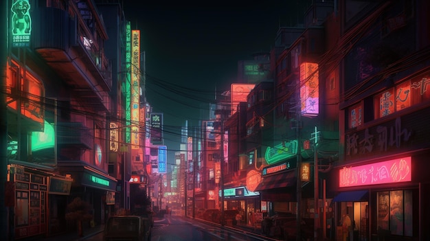 Generative AI Night scene of city in cyberpunk style futuristic nostalgic 80s 90s Neon lights