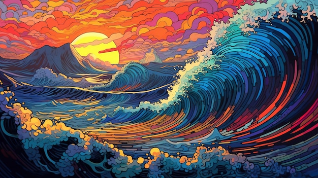 Generative AI ocean in the sunset linear illustration psychedelic manga style highly detailed