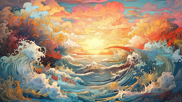 Generative AI ocean in the sunset linear illustration psychedelic manga style highly detailed