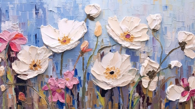 Generative AI Oil painting of spring flowers on canvas Beautiful abstract colorful flowers Macro impasto paintingx9