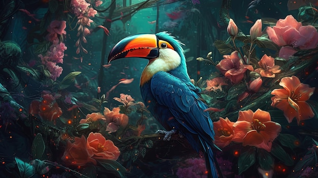 Generative AI Oil painting of a toucan in a jungle environment