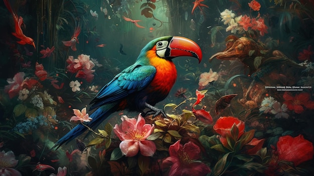 Generative AI Oil painting of a toucan in a jungle environment