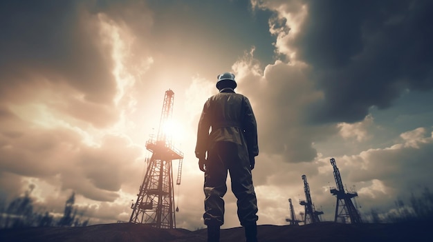 Generative AI oil worker observing pipelines while standing beneath the sky