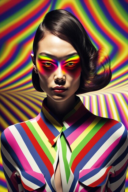 Generative ai optical art fashion portrait asian young woman posing looking camera