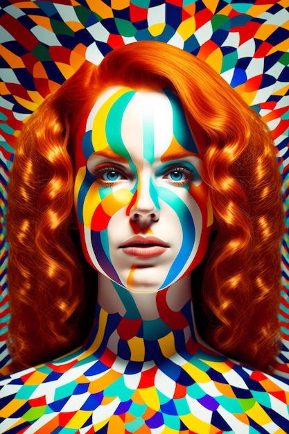 Generative ai optical art fashion portrait redhead young woman posing looking camera