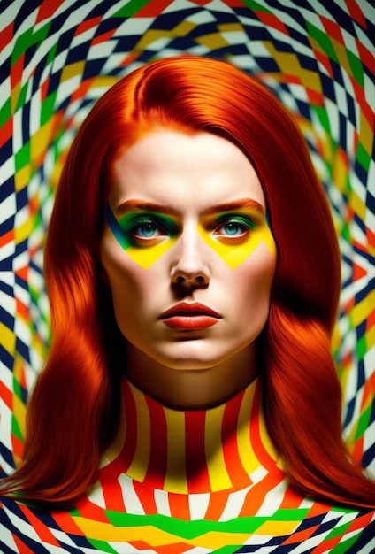 Generative ai optical art fashion portrait redhead young woman posing looking camera