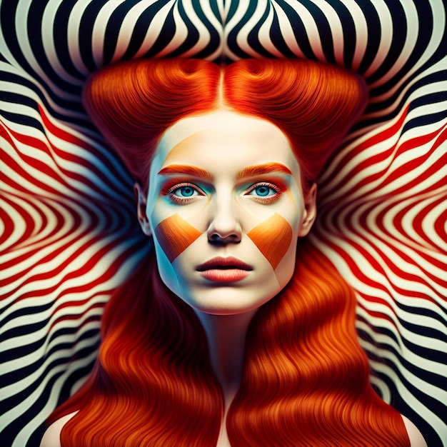 Generative ai optical art fashion portrait redhead young woman posing looking camera