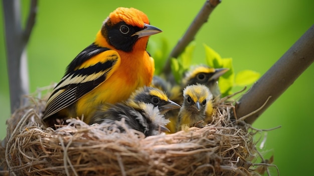 Generative AI Oriole on a nest with chicks feeds the chicks