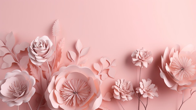 Generative AI Paper cut craft flowers and leaves light pink color floral origami textured background