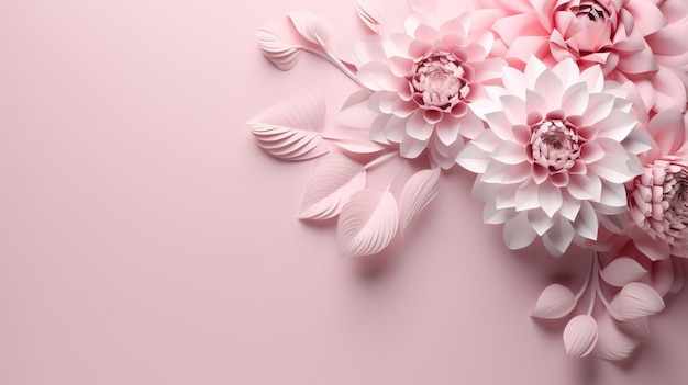 Generative AI Paper cut craft flowers and leaves light pink color floral origami textured background