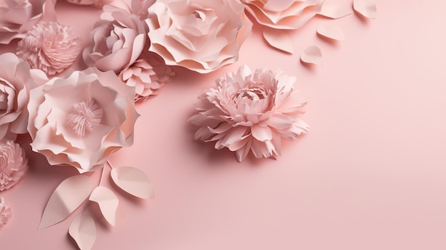 Generative AI Paper cut craft flowers and leaves light pink color floral origami textured background