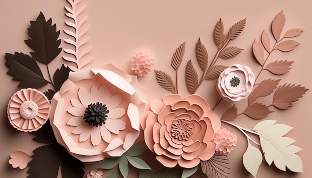 Generative AI Paper cut craft flowers and leaves pastel beige and apricot colors floral origami