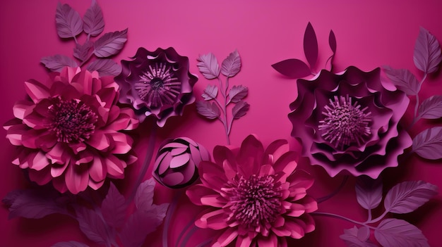 Generative AI Paper cut craft flowers and leaves viva magenta color floral origami