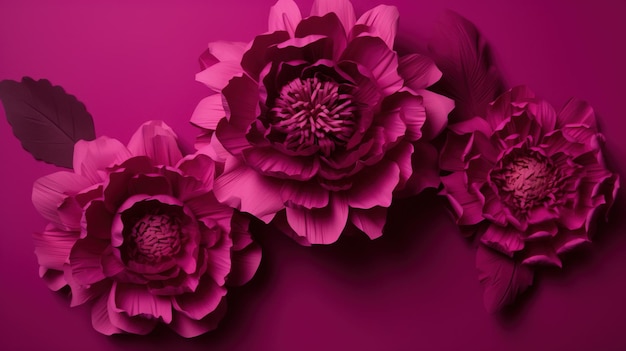 Generative AI Paper cut craft flowers and leaves viva magenta color floral origami