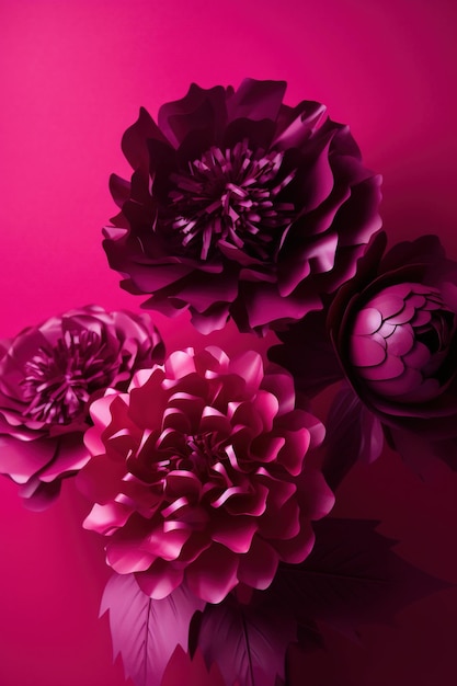 Generative AI Paper cut craft flowers and leaves viva magenta color floral origami