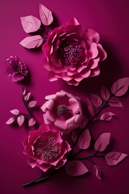 Generative AI Paper cut craft flowers and leaves viva magenta color floral origami