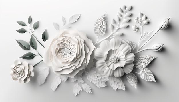 Generative AI Paper cut craft flowers and leaves white color floral origami textured background