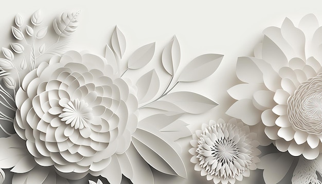 Generative AI Paper cut craft flowers and leaves white color floral origami textured background